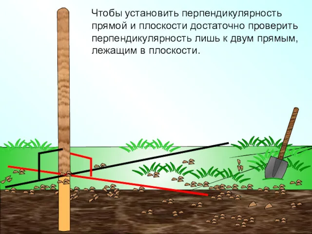 Чтобы установить перпендикулярность прямой и плоскости достаточно проверить перпендикулярность лишь к двум прямым, лежащим в плоскости.