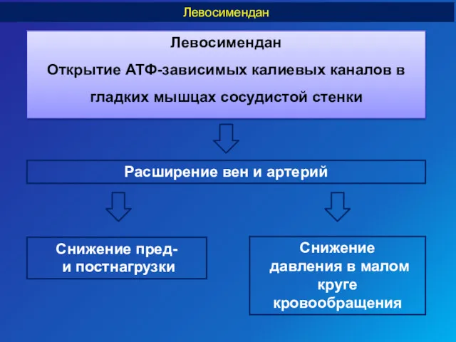 Левосимендан Открытие АТФ-зависимых калиевых каналов в гладких мышцах сосудистой стенки