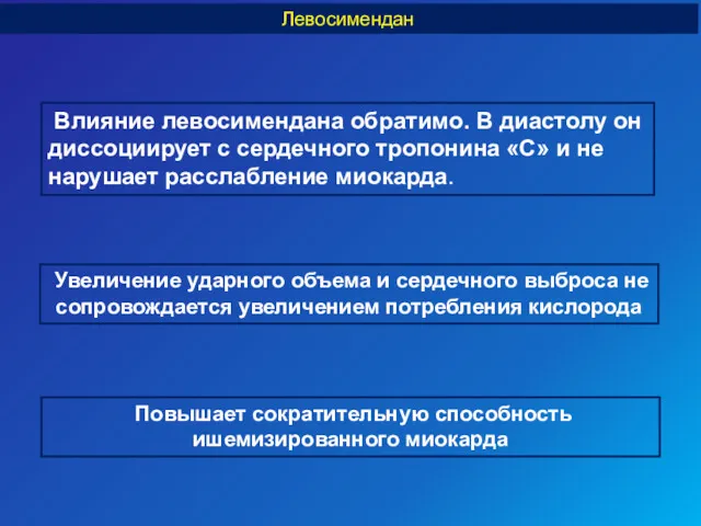 Левосимендан Влияние левосимендана обратимо. В диастолу он диссоциирует с сердечного