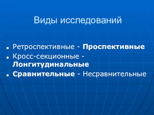 Виды исследований Ретроспективные - Проспективные Кросс-секционные - Лонгитудинальные Сравнительные - Несравнительные