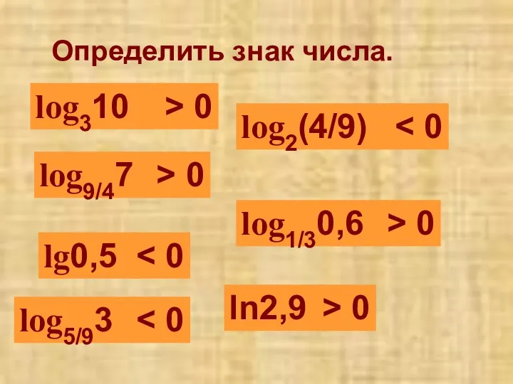 Определить знак числа. log310 > 0 log9/47 > 0 lg0,5