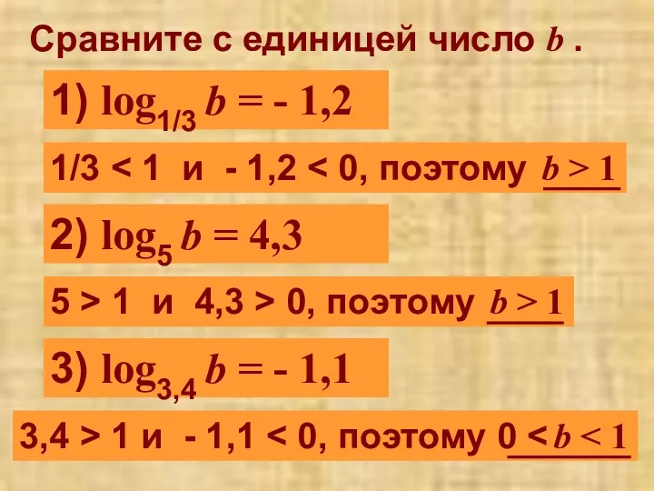 Сравните с единицей число b . 1) log1/3 b =