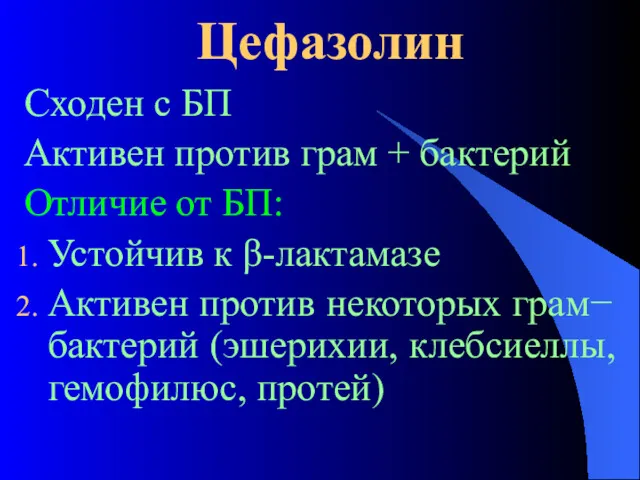 Цефазолин Сходен с БП Активен против грам + бактерий Отличие