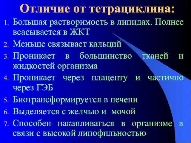 Отличие от тетрациклина: Большая растворимость в липидах. Полнее всасывается в