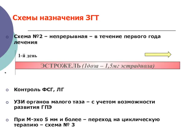 Схемы назначения ЗГТ Схема №2 – непрерывная – в течение первого года лечения