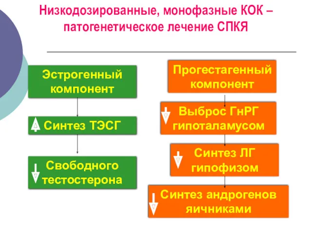 Низкодозированные, монофазные КОК – патогенетическое лечение СПКЯ Эстрогенный компонент Прогестагенный