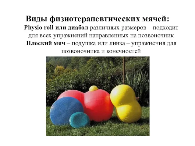 Виды физиотерапевтических мячей: Physio roll или диабол различных размеров –