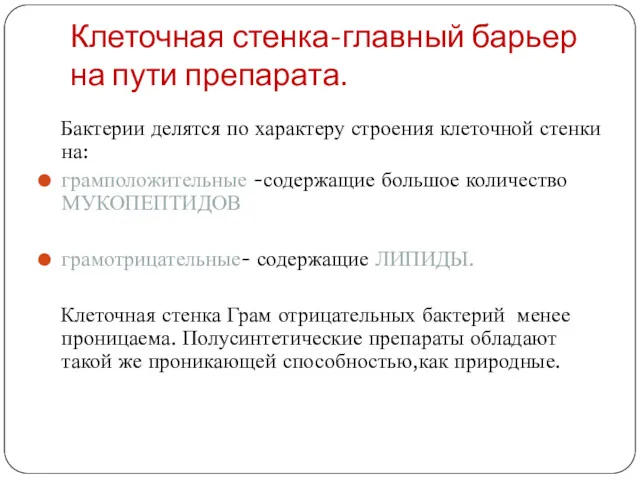 Клеточная стенка-главный барьер на пути препарата. Бактерии делятся по характеру