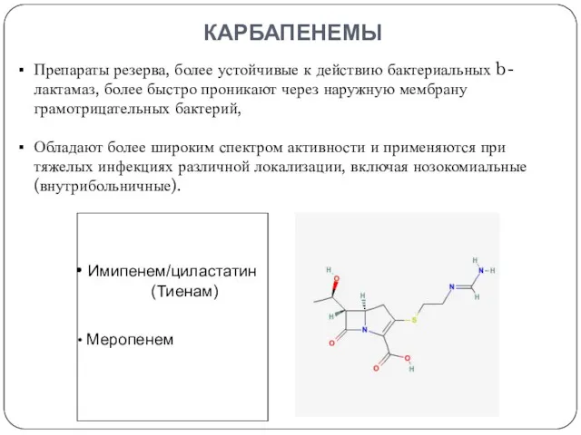 КАРБАПЕНЕМЫ Препараты резерва, более устойчивые к действию бактериальных b-лактамаз, более