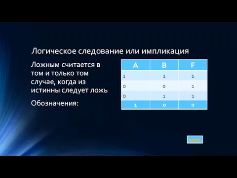 Логическое следование или импликация Ложным считается в том и только