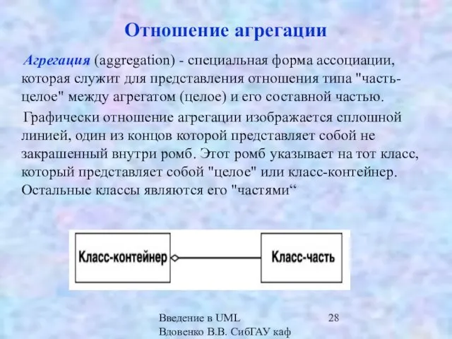 Введение в UML Вдовенко В.В. СибГАУ каф ИВТ Отношение агрегации