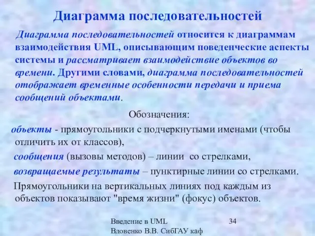 Введение в UML Вдовенко В.В. СибГАУ каф ИВТ Диаграмма последовательностей