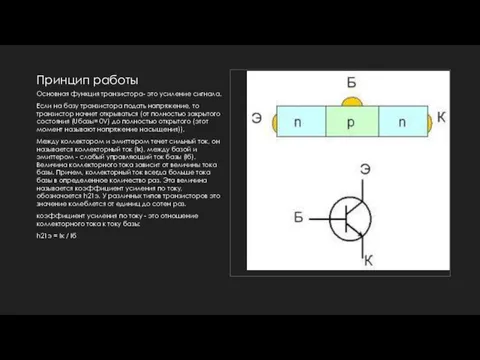 Принцип работы Основная функция транзистора- это усиление сигнала. Если на