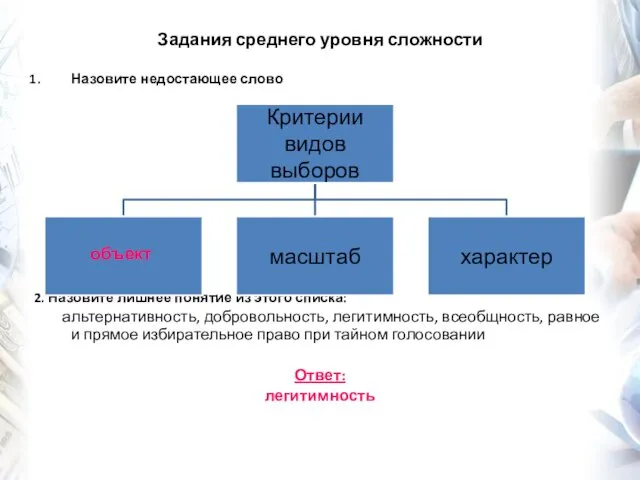 Назовите недостающее слово 2. Назовите лишнее понятие из этого списка: