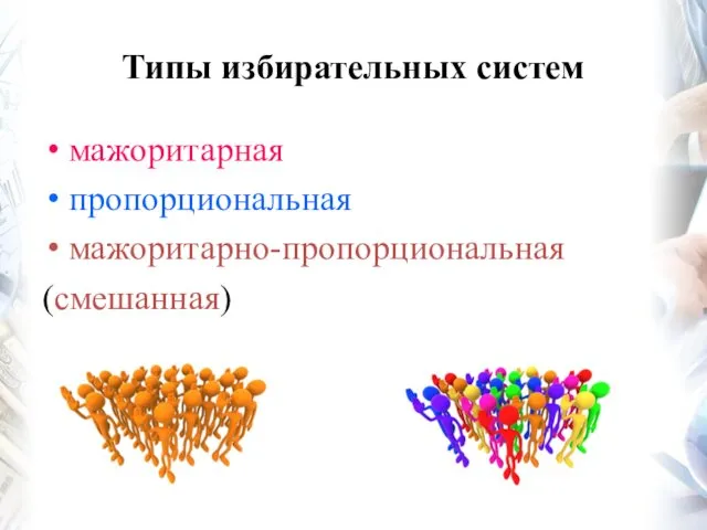 Типы избирательных систем мажоритарная пропорциональная мажоритарно-пропорциональная (смешанная)