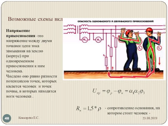 Возможные схемы включения человека в цепь тока Напряжение прикосновения -это