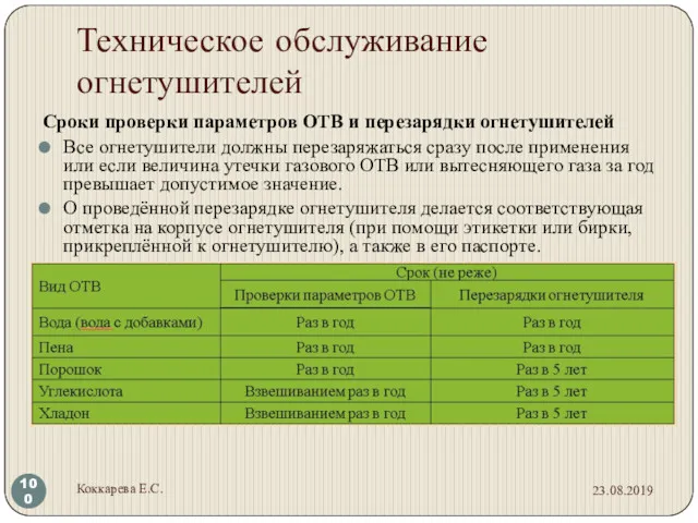 Техническое обслуживание огнетушителей Сроки проверки параметров ОТВ и перезарядки огнетушителей