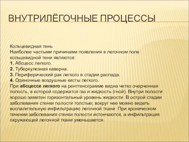 ВНУТРИЛЁГОЧНЫЕ ПРОЦЕССЫ Кольцевидная тень Наиболее частыми причинами появления в легочном