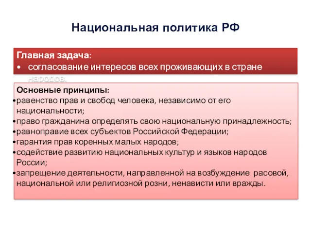 Национальная политика РФ Главная задача: согласование интересов всех проживающих в