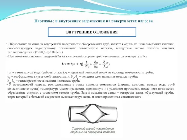 Наружные и внутренние загрязнения на поверхностях нагрева ВНУТРЕННИЕ ОТЛОЖЕНИЯ Образование