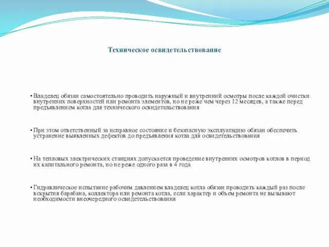 Техническое освидетельствование Владелец обязан самостоятельно проводить наружный и внутренний осмотры