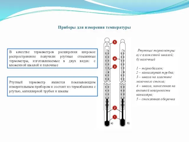 Приборы для измерения температуры Ртутные термометры: а) с вложенной шкалой;