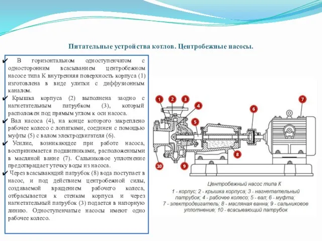 Питательные устройства котлов. Центробежные насосы. В горизонтальном одноступенчатом с односторонним