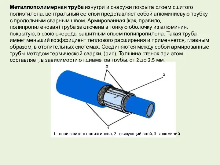 Металлополимерная труба изнутри и снаружи покрыта слоем сшитого полиэтилена, центральный