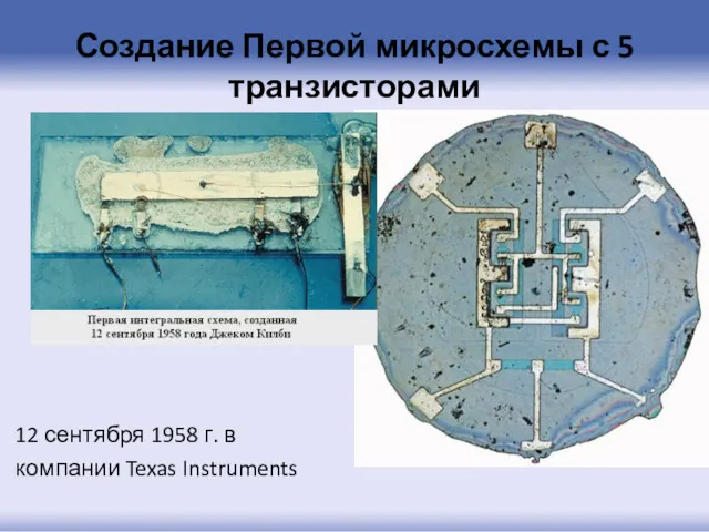 Создание Первой микросхемы с 5 транзисторами 12 сентября 1958 г. в компании Texas Instruments