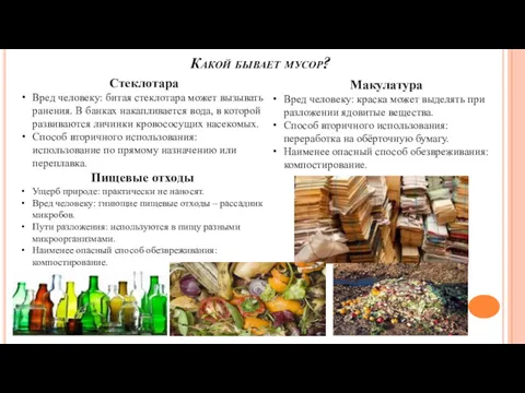 Какой бывает мусор? Стеклотара Вред человеку: битая стеклотара может вызывать