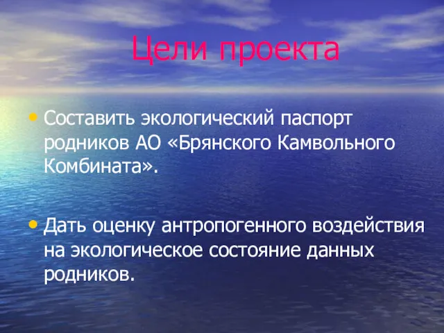 Цели проекта Составить экологический паспорт родников АО «Брянского Камвольного Комбината».