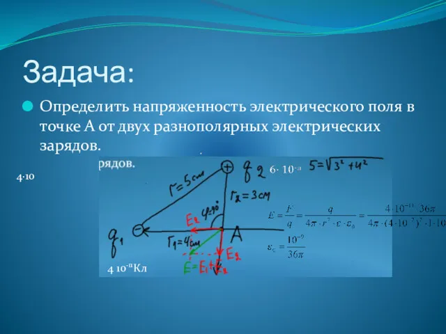 Задача: Определить напряженность электрического поля в точке А от двух разнополярных электрических зарядов. 4·10 4 10-11Кл