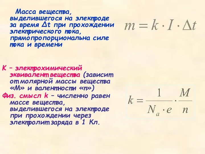 Масса вещества, выделившегося на электроде за время Δt при прохождении