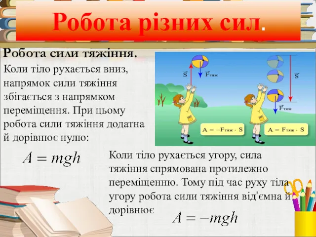 Робота різних сил. Робота сили тяжіння. Коли тіло рухається вниз,