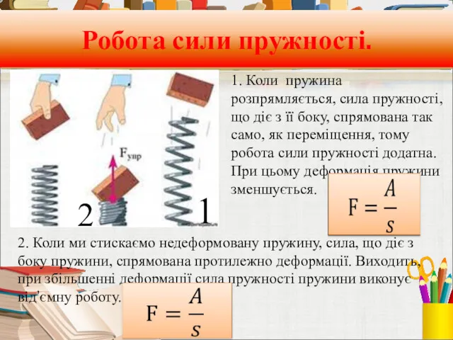 Робота сили пружності. 1. Коли пружина розпрямляється, сила пружності, що