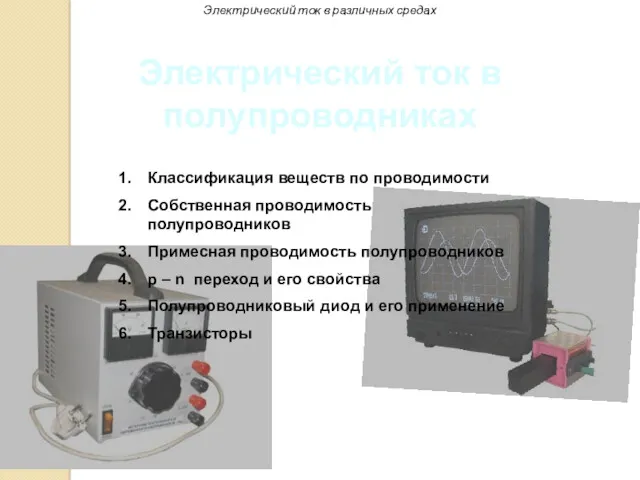 Классификация веществ по проводимости Собственная проводимость полупроводников Примесная проводимость полупроводников