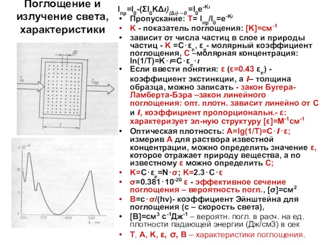 Поглощение и излучение света, характеристики Iпр=I0-(ΣI0KΔι)(Δι)→0 =I0e-Kι Пропускание: Т= Iпр/I0=e-Kι