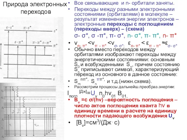 Природа электронных переходов Все связывающие и n- орбитали заняты. Переходы