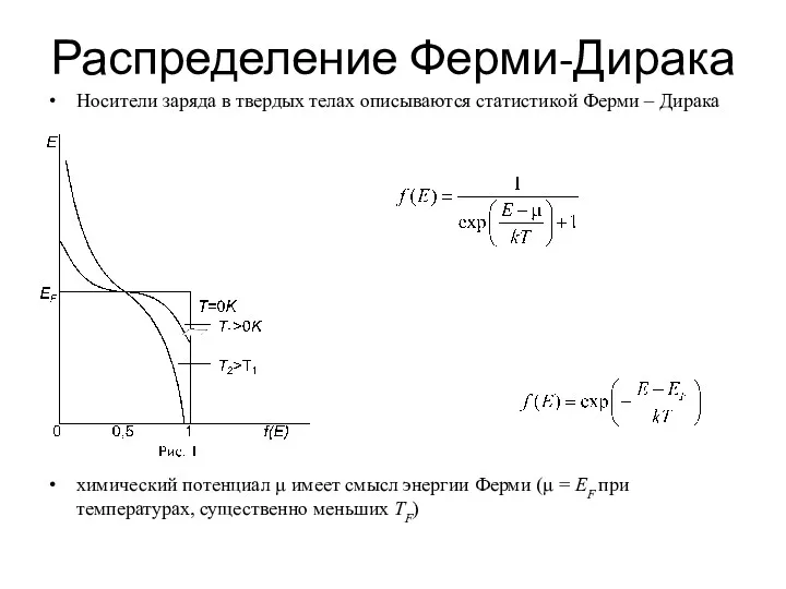 Распределение Ферми-Дирака Носители заряда в твердых телах описываются статистикой Ферми