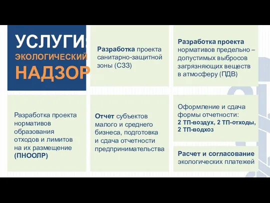 УСЛУГИ: ЭКОЛОГИЧЕСКИЙ НАДЗОР Разработка проекта санитарно-защитной зоны (СЗЗ) Разработка проекта