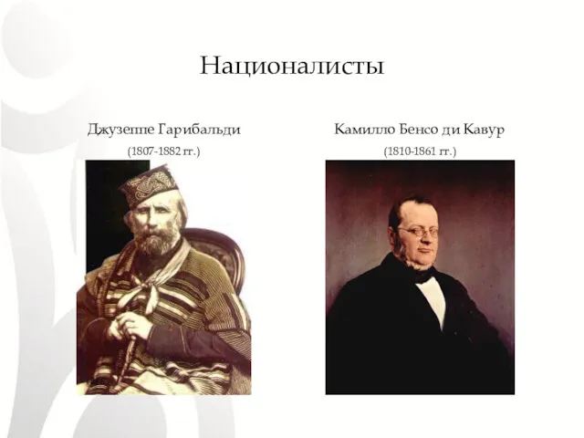 Националисты Джузеппе Гарибальди (1807-1882 гг.) Камилло Бенсо ди Кавур (1810-1861 гг.)