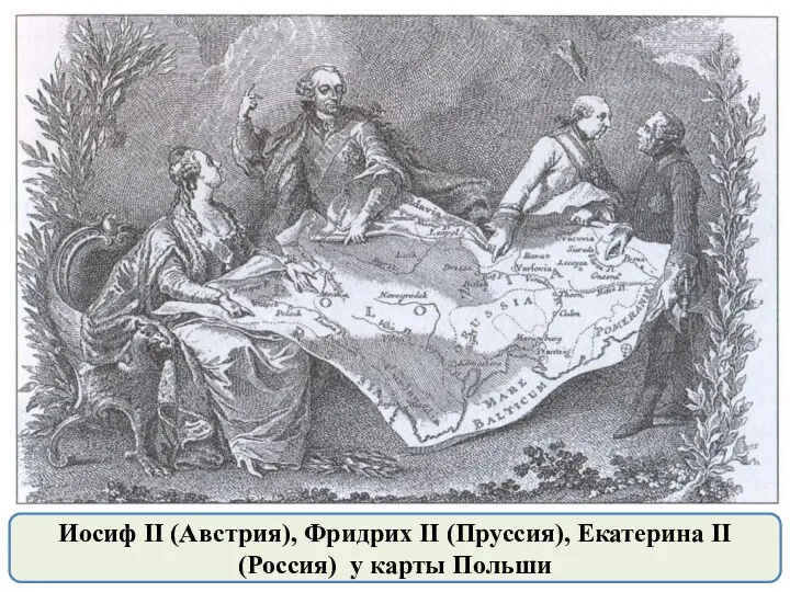 Иосиф II (Австрия), Фридрих II (Пруссия), Екатерина II (Россия) у карты Польши