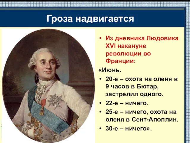 Из дневника Людовика XVI накануне революции во Франции: «Июнь. 20-е – охота на