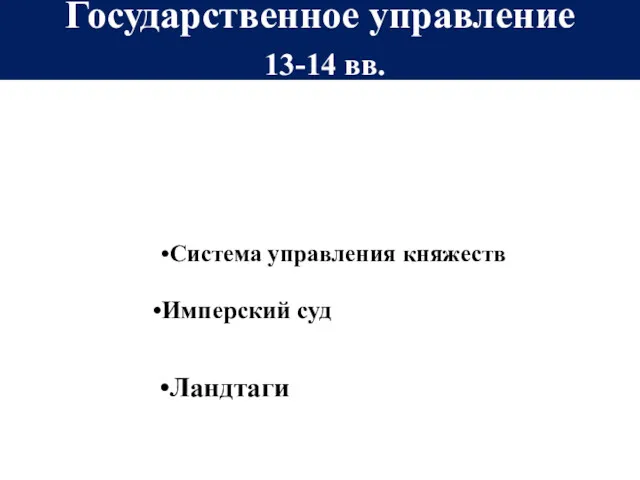 Император де-юре Курфюрсты Система управления княжеств Имперский суд Рейхстаг Ландтаги Государственное управление 13-14 вв.