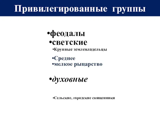 феодалы светские Крупные землевладельцы Среднее мелкое рыцарство духовные Епископы Аббаты Сельские, городские священники Привилегированные группы