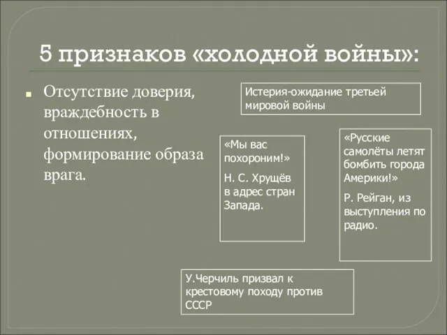 5 признаков «холодной войны»: Отсутствие доверия, враждебность в отношениях, формирование