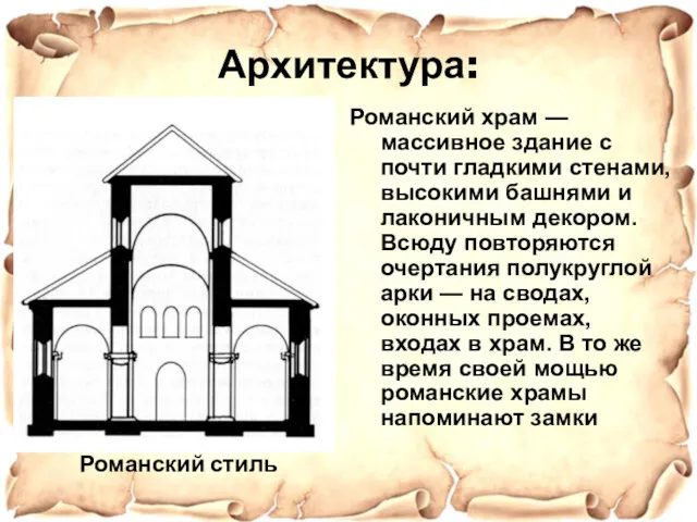Архитектура: Романский храм — массивное здание с почти гладкими стенами,