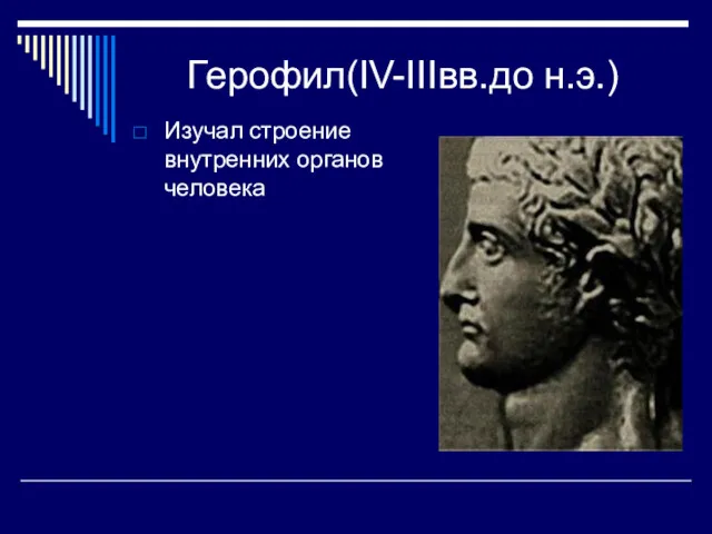 Герофил(IV-IIIвв.до н.э.) Изучал строение внутренних органов человека