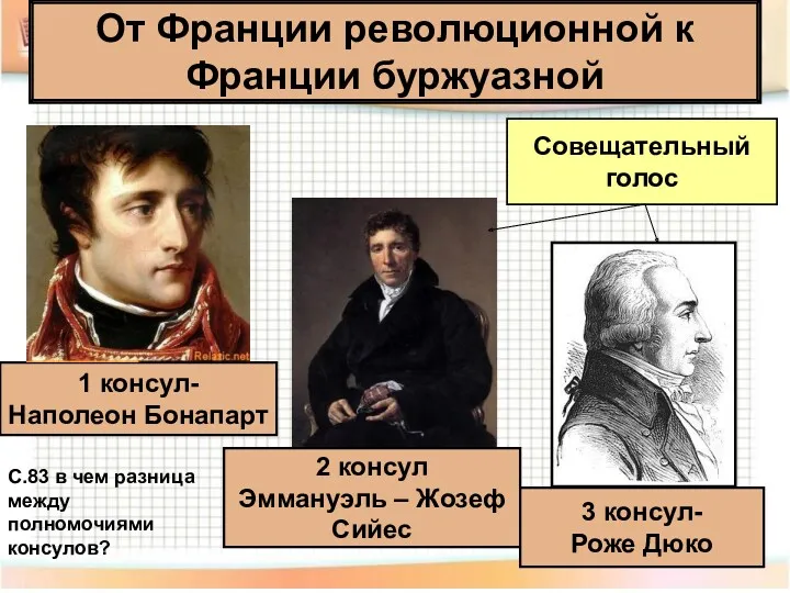 1 консул- Наполеон Бонапарт 2 консул Эммануэль – Жозеф Сийес