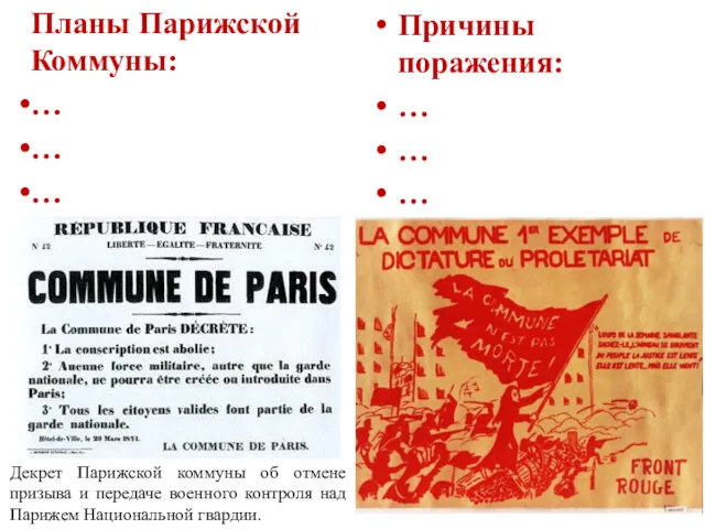 Планы Парижской Коммуны: … … … Причины поражения: … …
